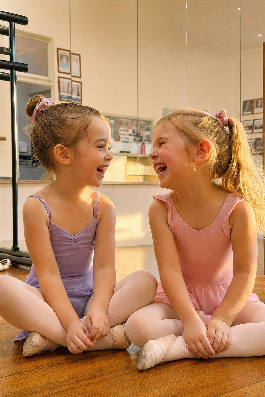 Young ballerinas laughing together in class